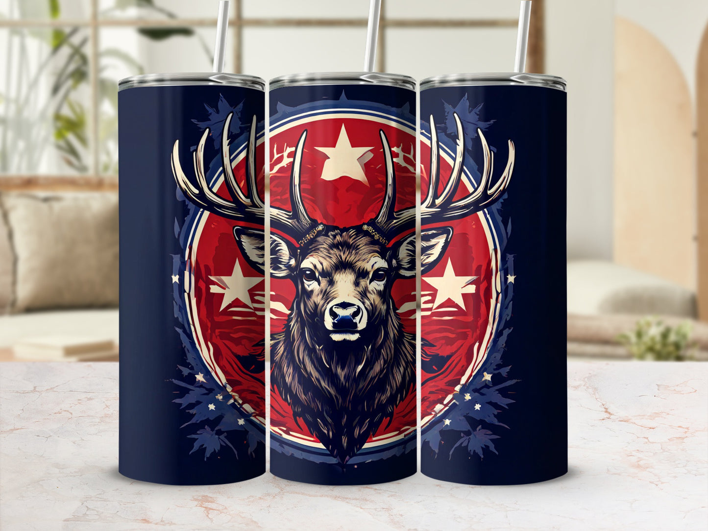 Dark blue tumbler with a stag's head centered on a red, white, and blue patriotic design.