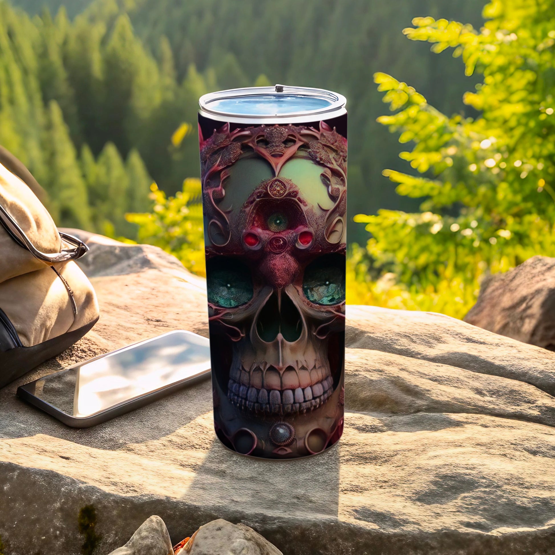 Detailed skull design on a tumbler with forest background and phone.