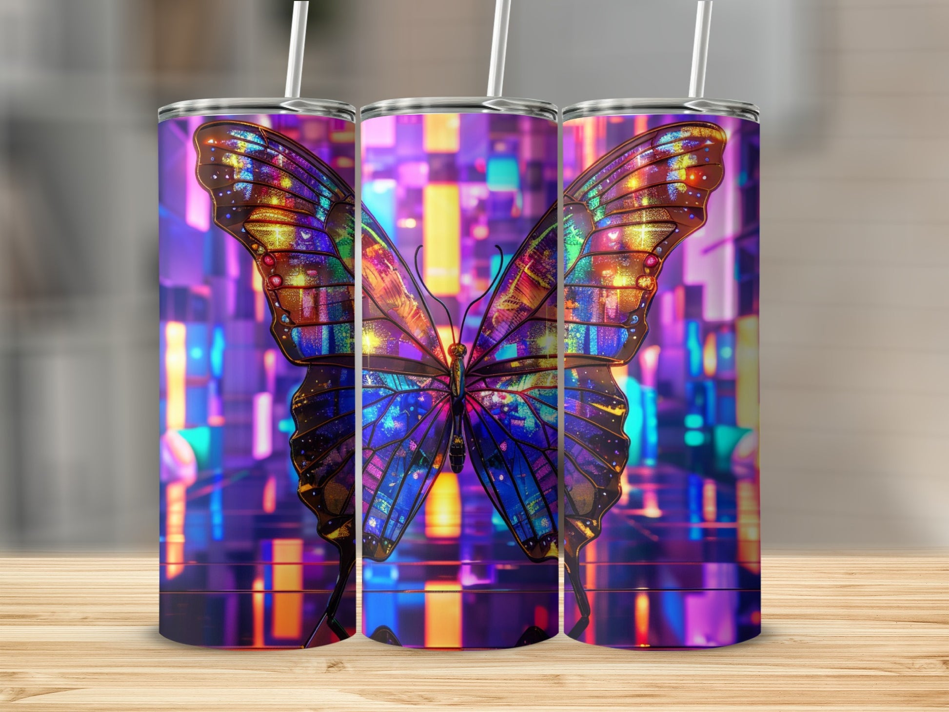 Three cylindrical tumblers featuring a stained-glass butterfly design against a blurred colorful background.