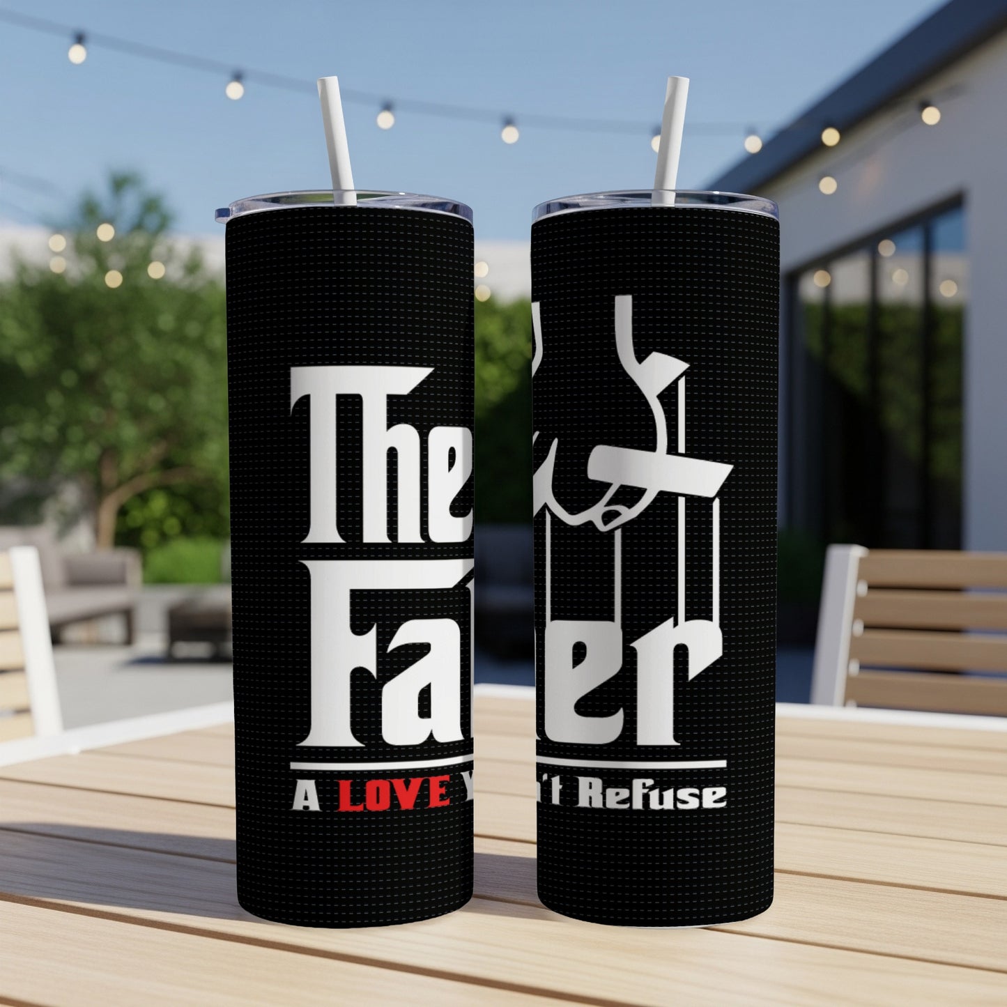Two black tumblers with "The Father" text and a puppet string graphic.