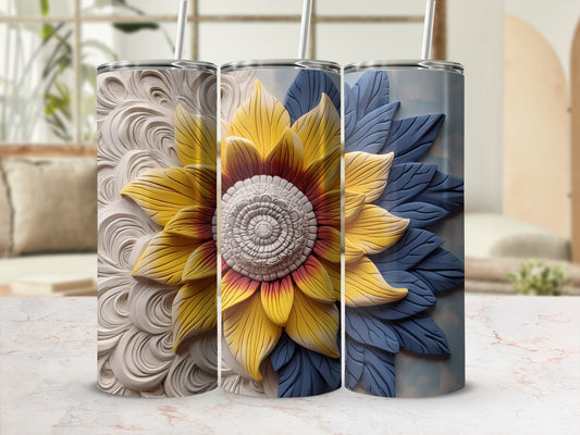 Sunflower tumbler with textured petals and a floral background.