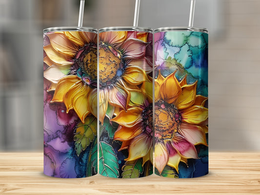 Three tumblers featuring colorful, textured sunflower designs with artistic backgrounds.