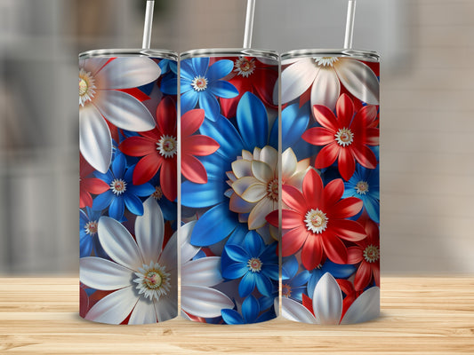 Three tumblers with red, white, and blue floral designs.