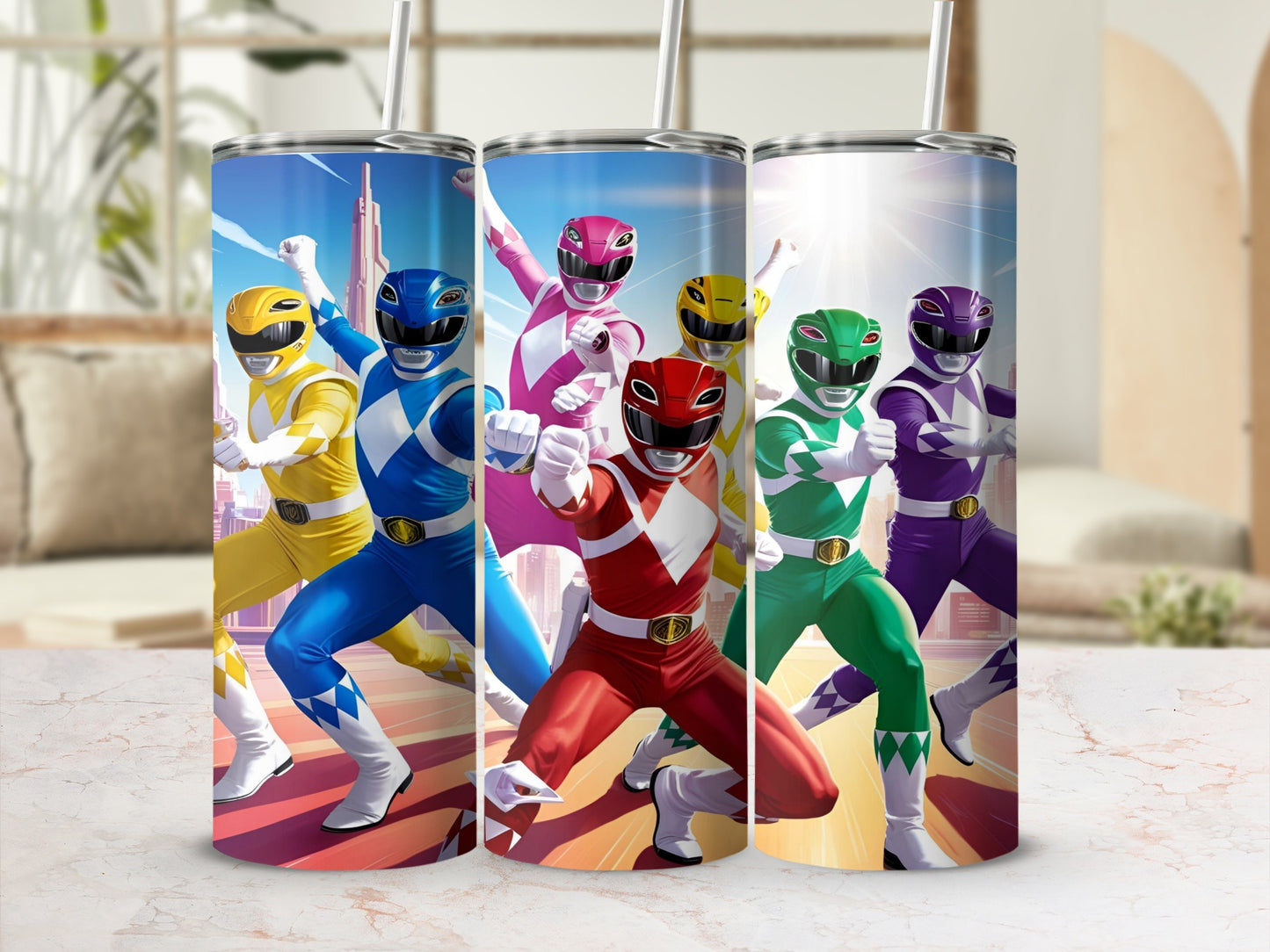 Five Power Rangers in colorful suits standing together, yellow, blue, red, green, and purple.