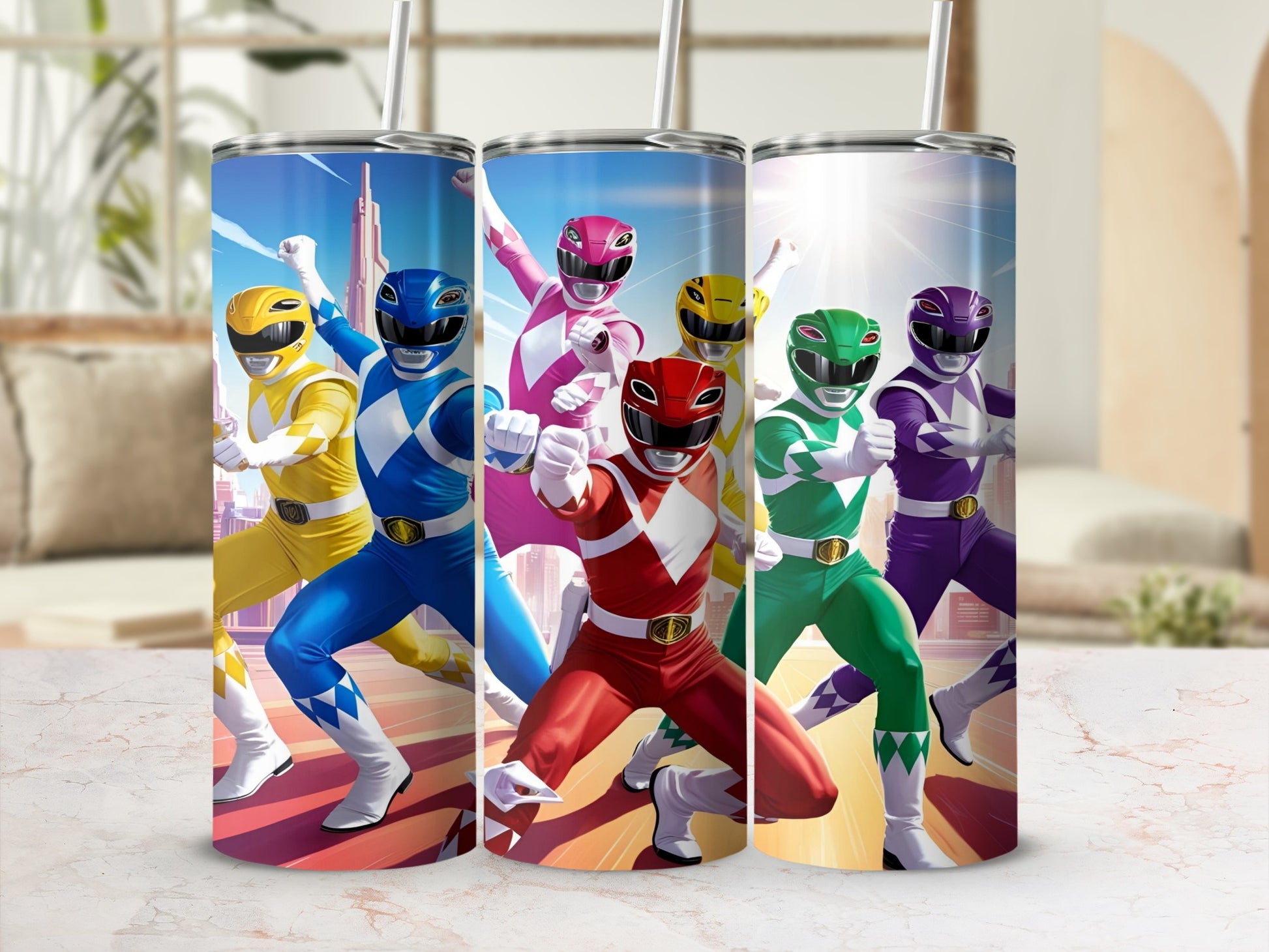Five Power Rangers in colorful suits standing together, yellow, blue, red, green, and purple.