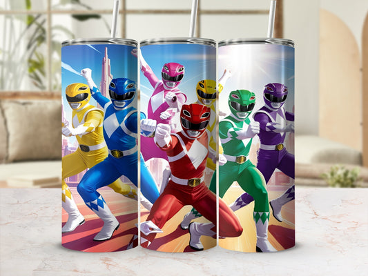 Five Power Rangers in colorful suits standing together, yellow, blue, red, green, and purple.