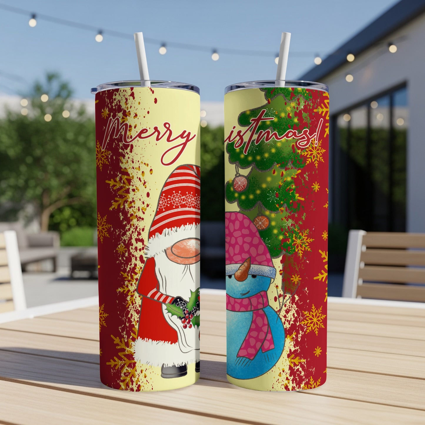 Two snowmen and gnome with "Merry Christmas!" text on festive holiday tumblers.