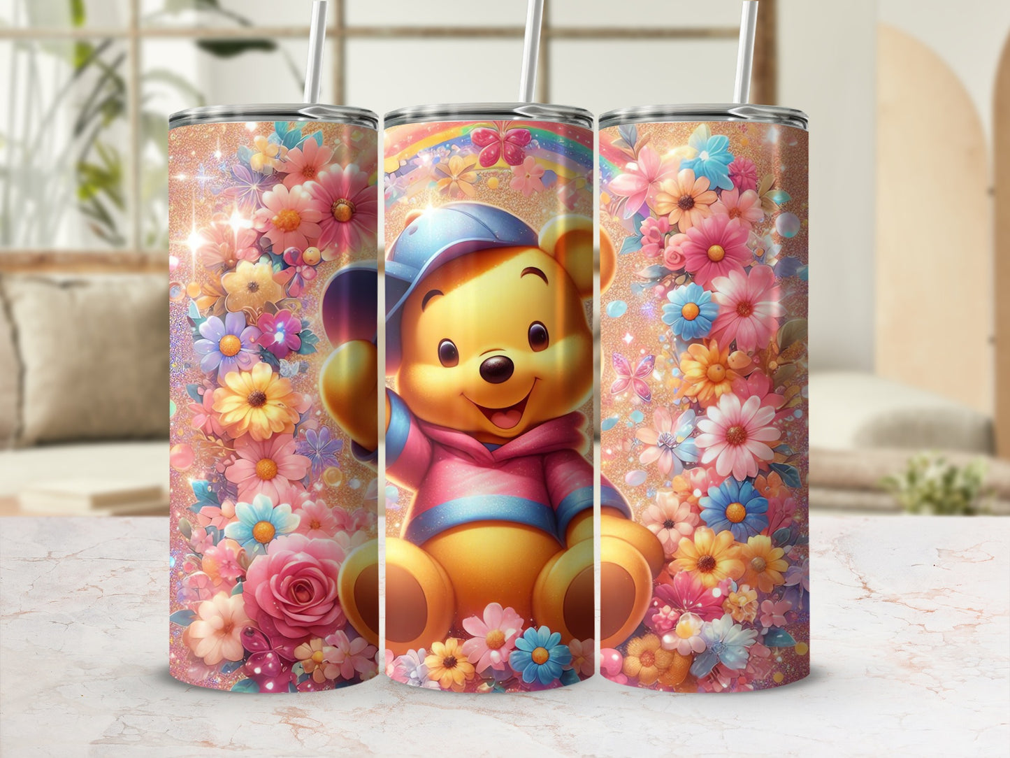 Cute Bear with Colourful Floral Design Tumbler