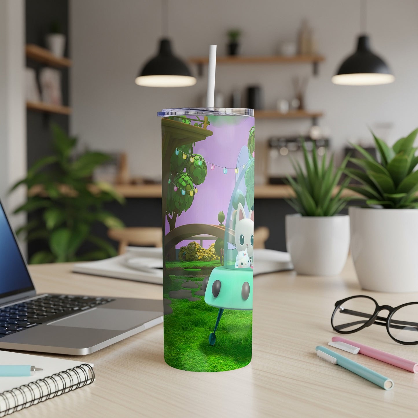 Cartoon cat in a spaceship on a grassy landscape with trees.