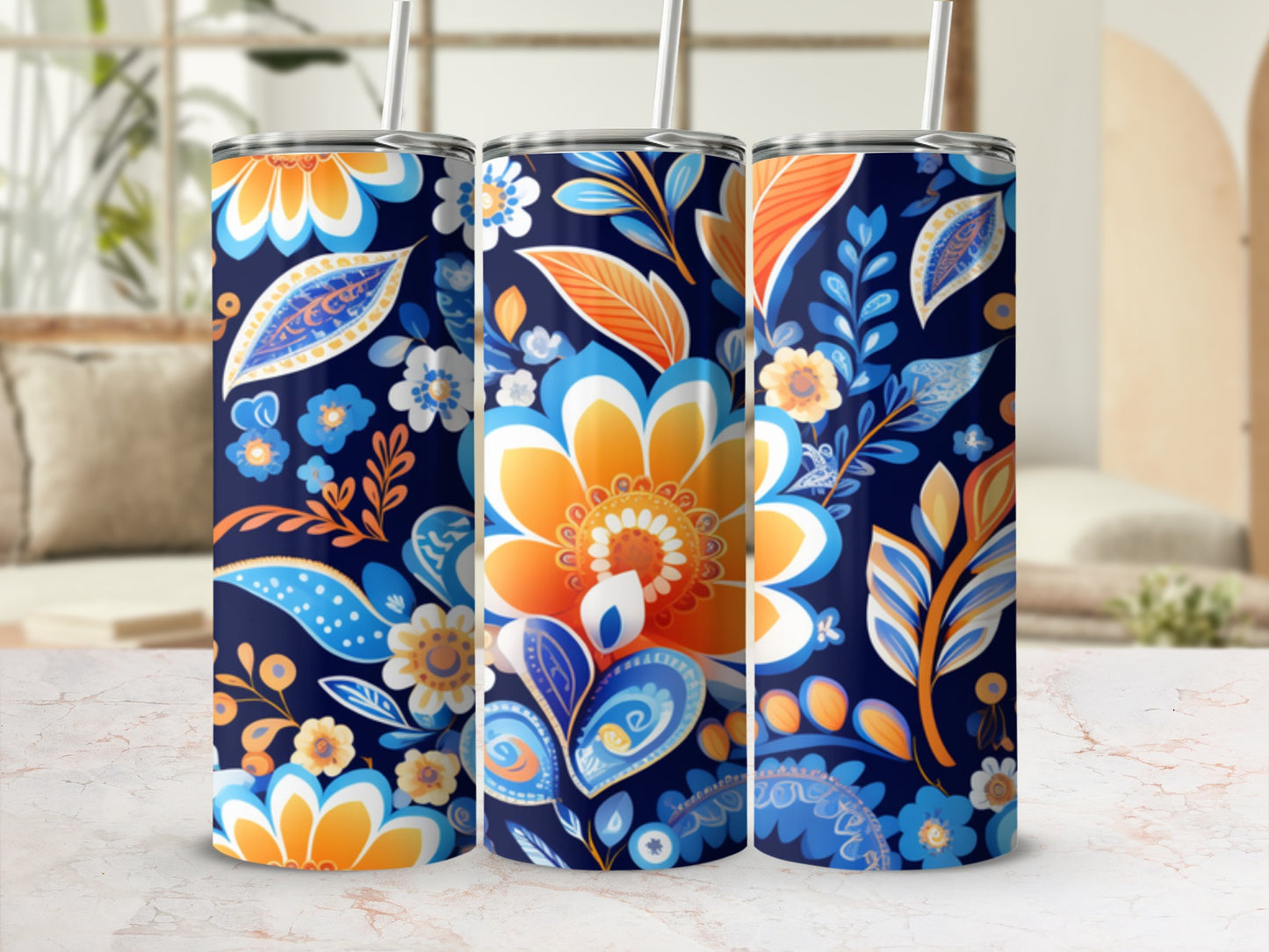 Three tall tumblers with navy blue background and floral paisley pattern.