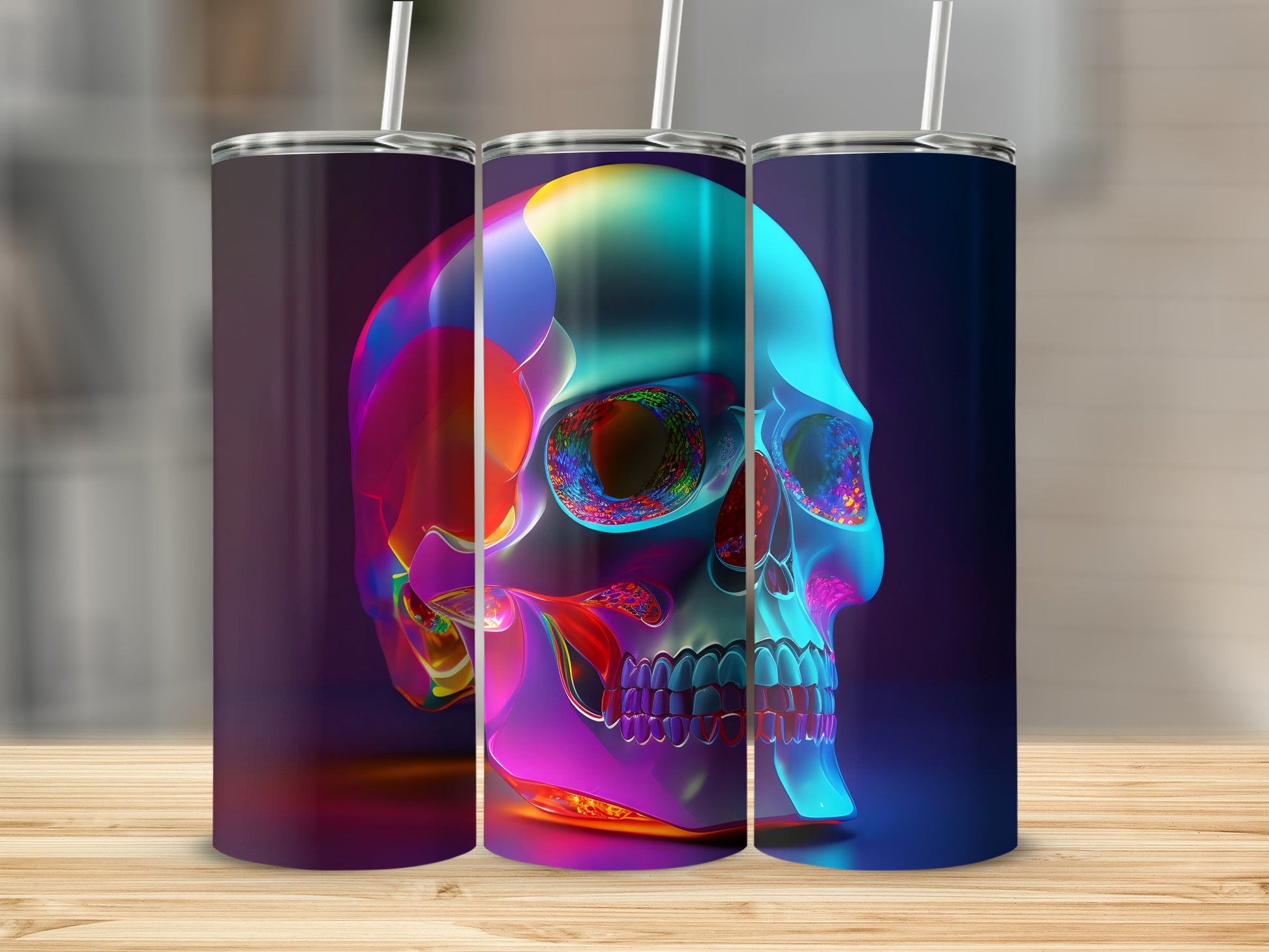 Colorful translucent skull design on three tumblers.
