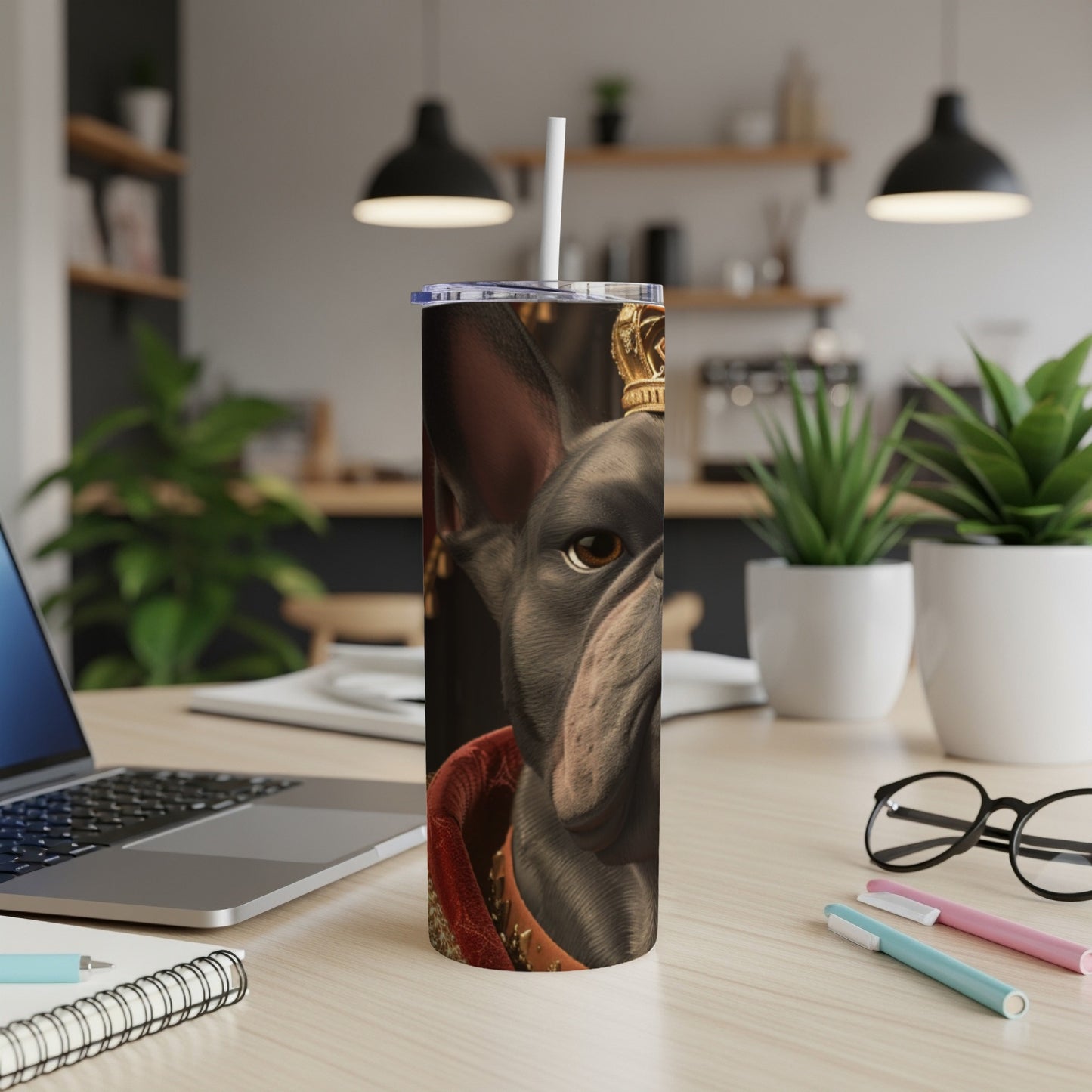 French bulldog wearing a crown, depicted on a dark tumbler.