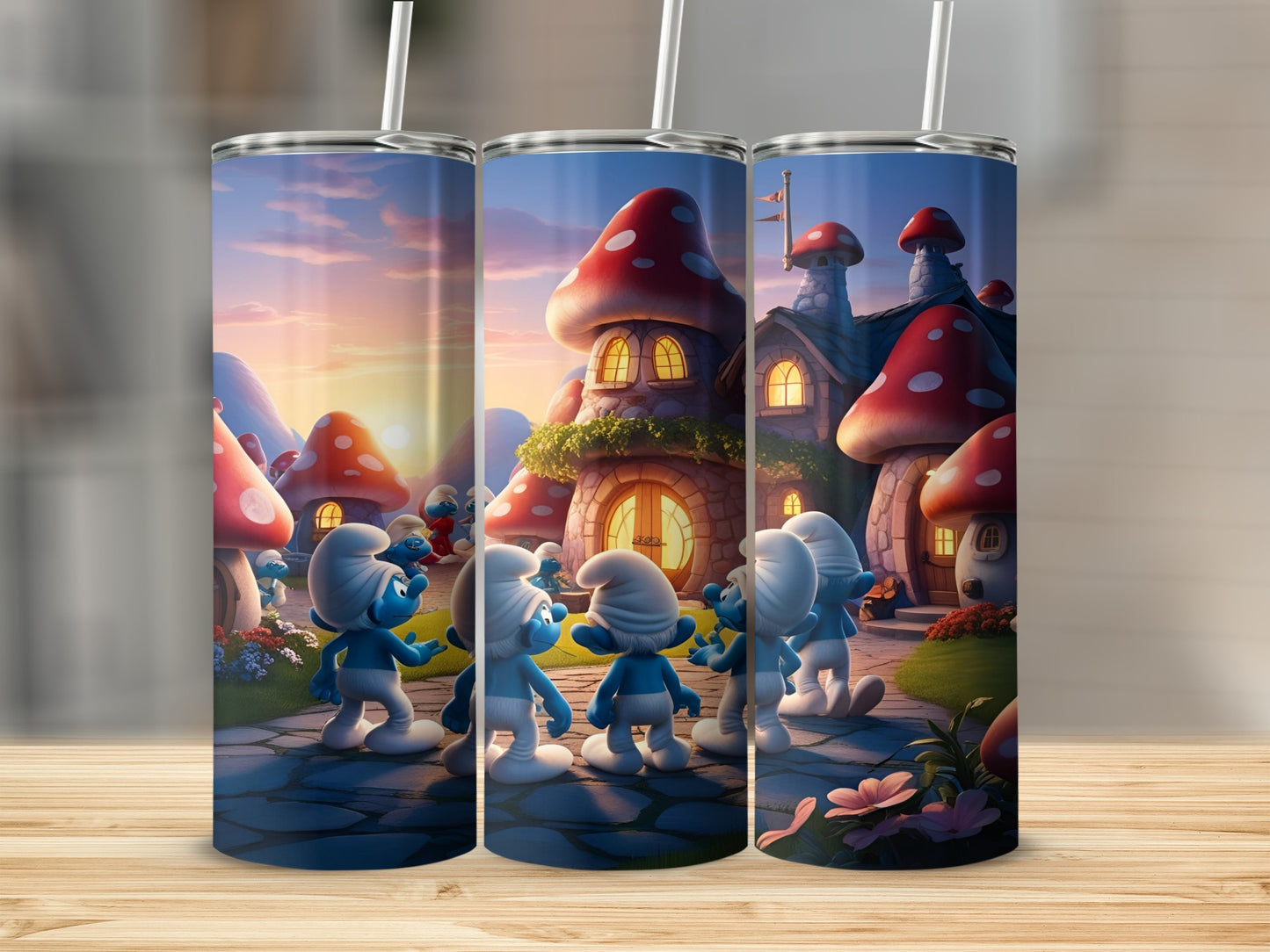 Smurfs in mushroom houses at sunset on a cobblestone path.