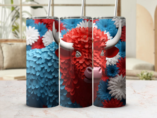Tumbler with red, white, and blue floral pattern and bull design.
