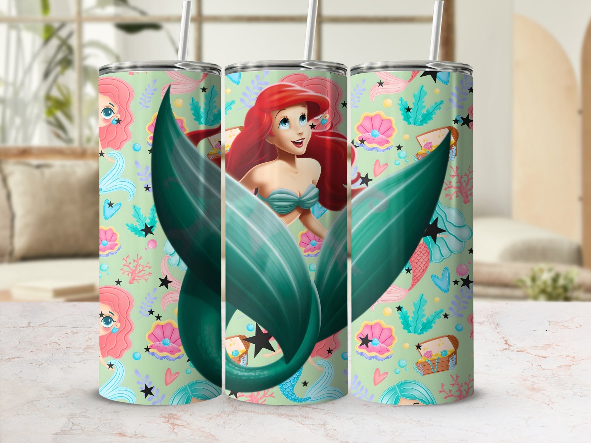 Little Mermaid Themed Tumbler with Straw and Lid