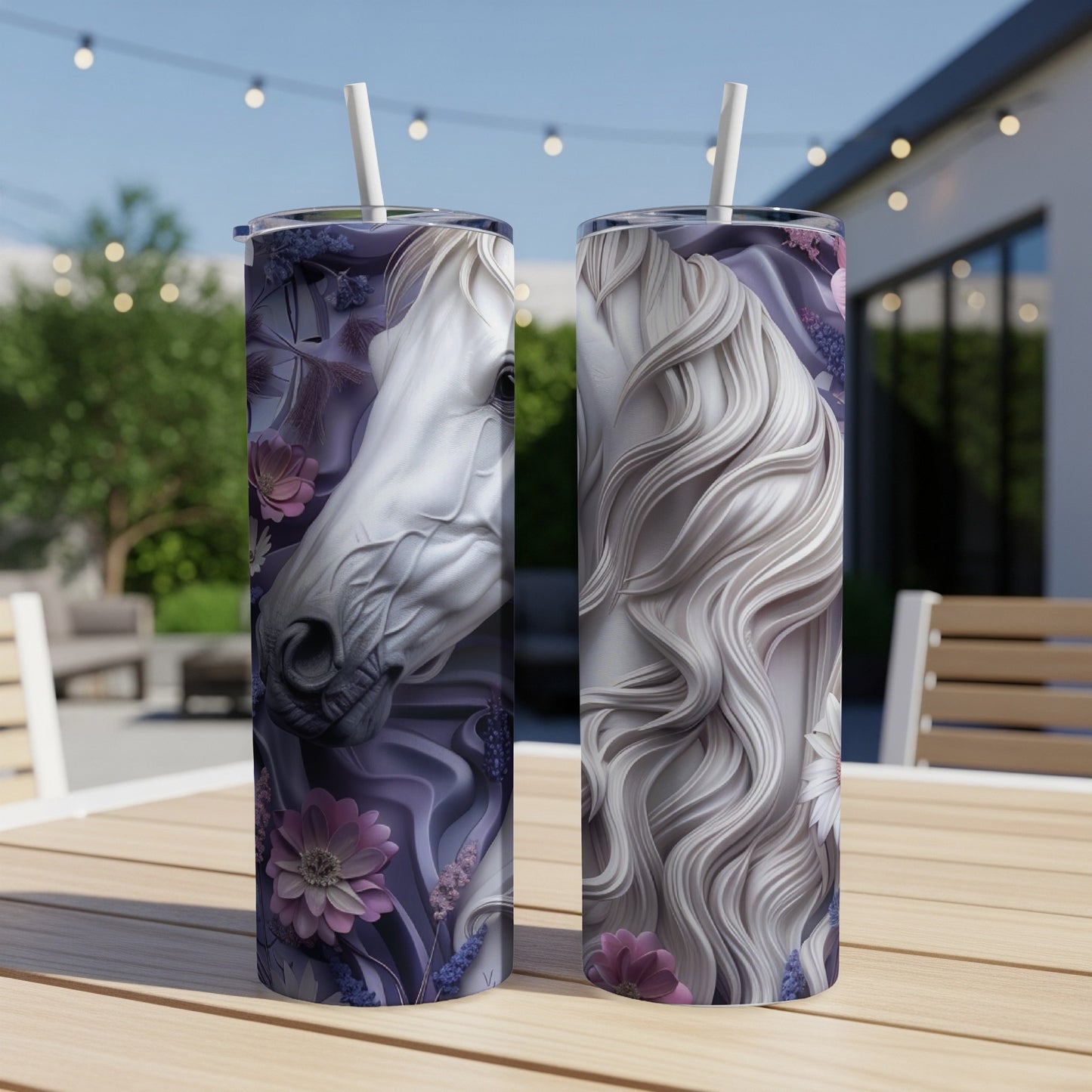 Two tumblers with detailed horse head designs and floral accents.