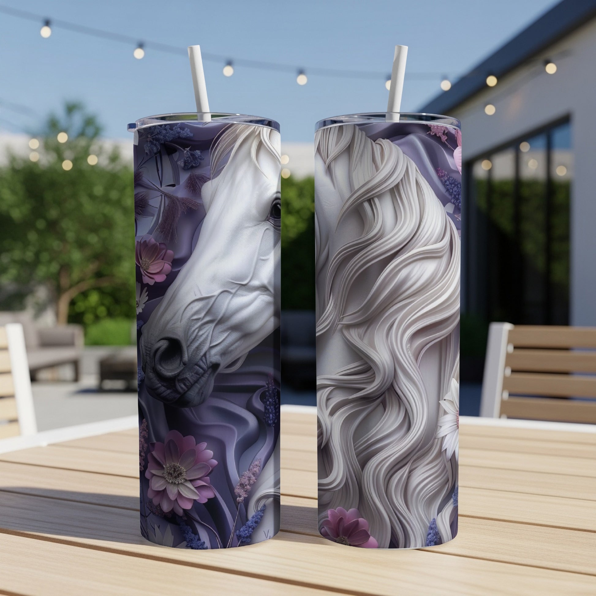 Two tumblers with detailed horse head designs and floral accents.