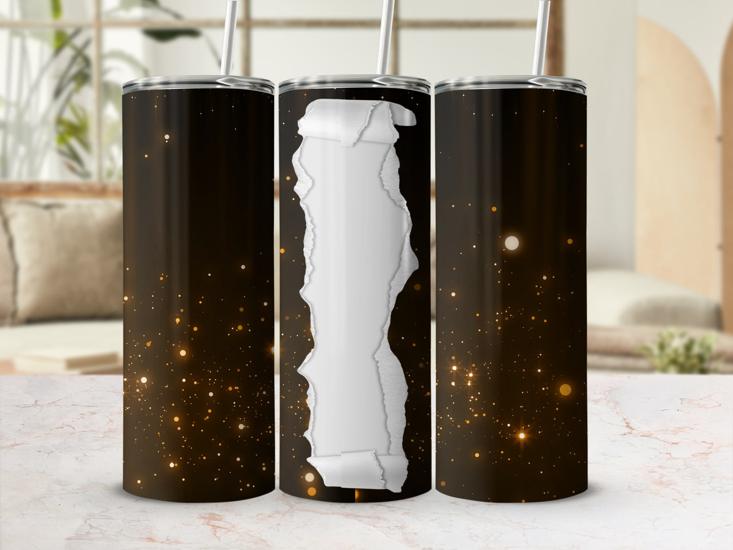 Torn paper design on three metallic tumblers with bokeh background.
