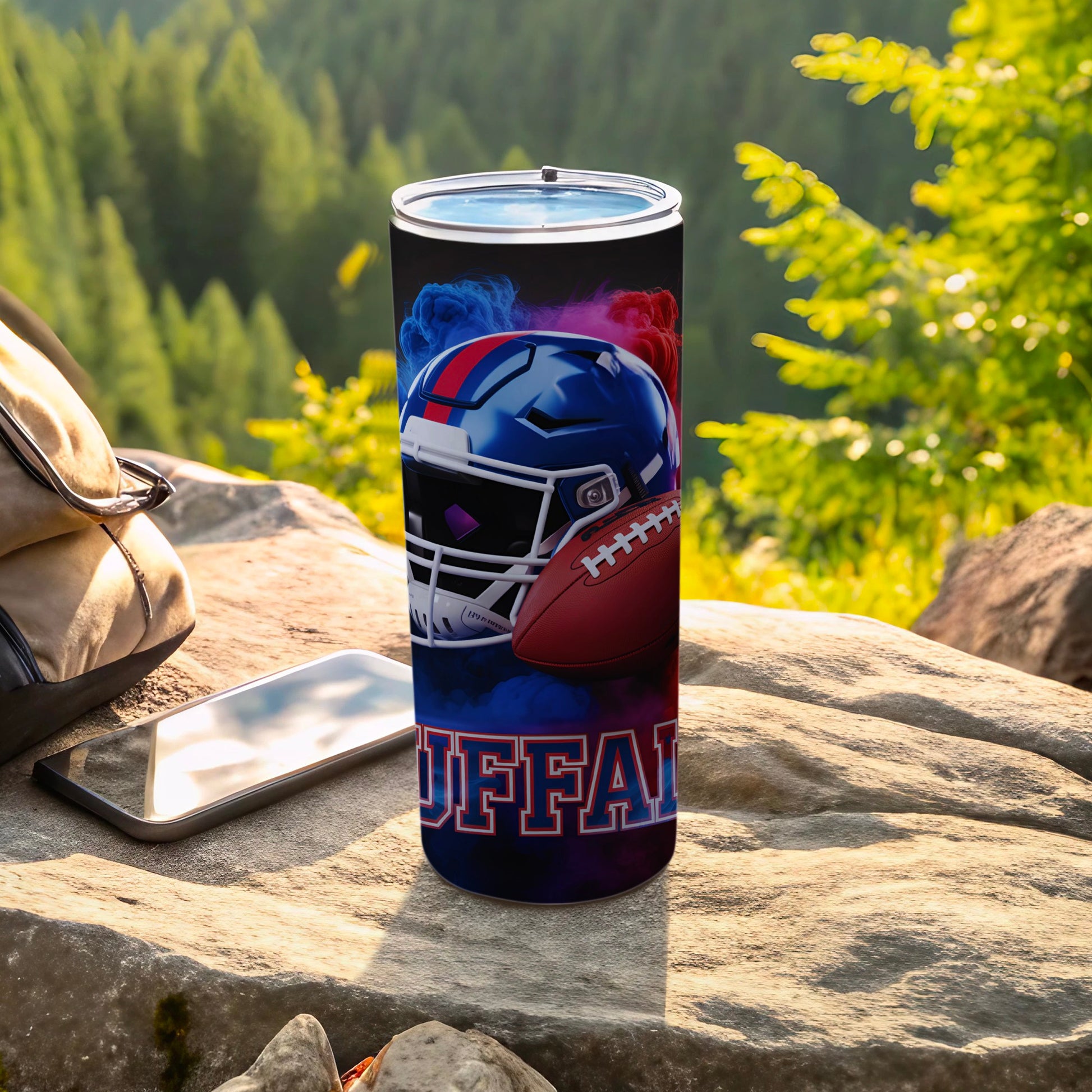 Buffalo Bills football helmet and ball on a tumbler.