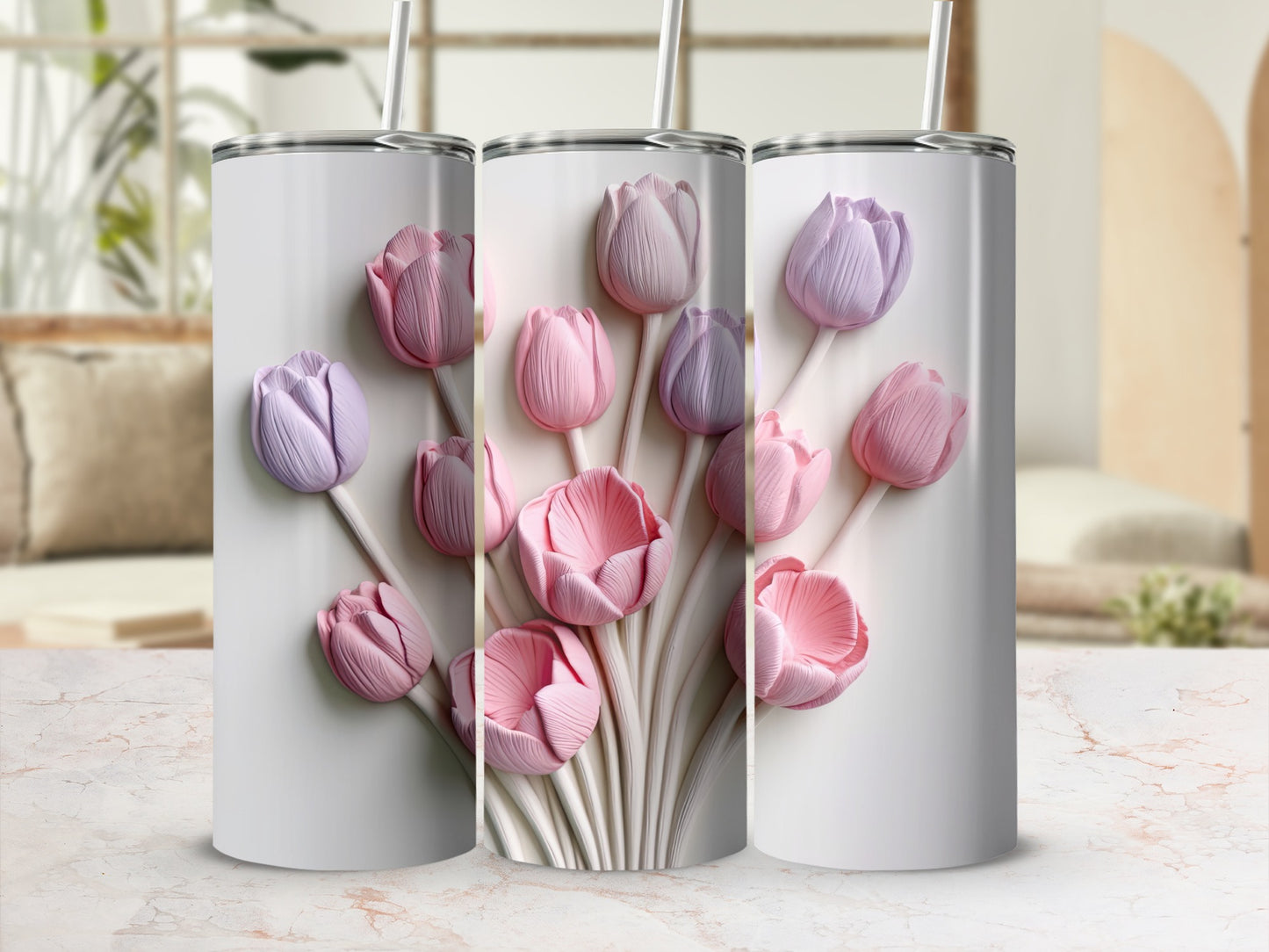 Three white tumblers with raised pink and purple tulip designs.
