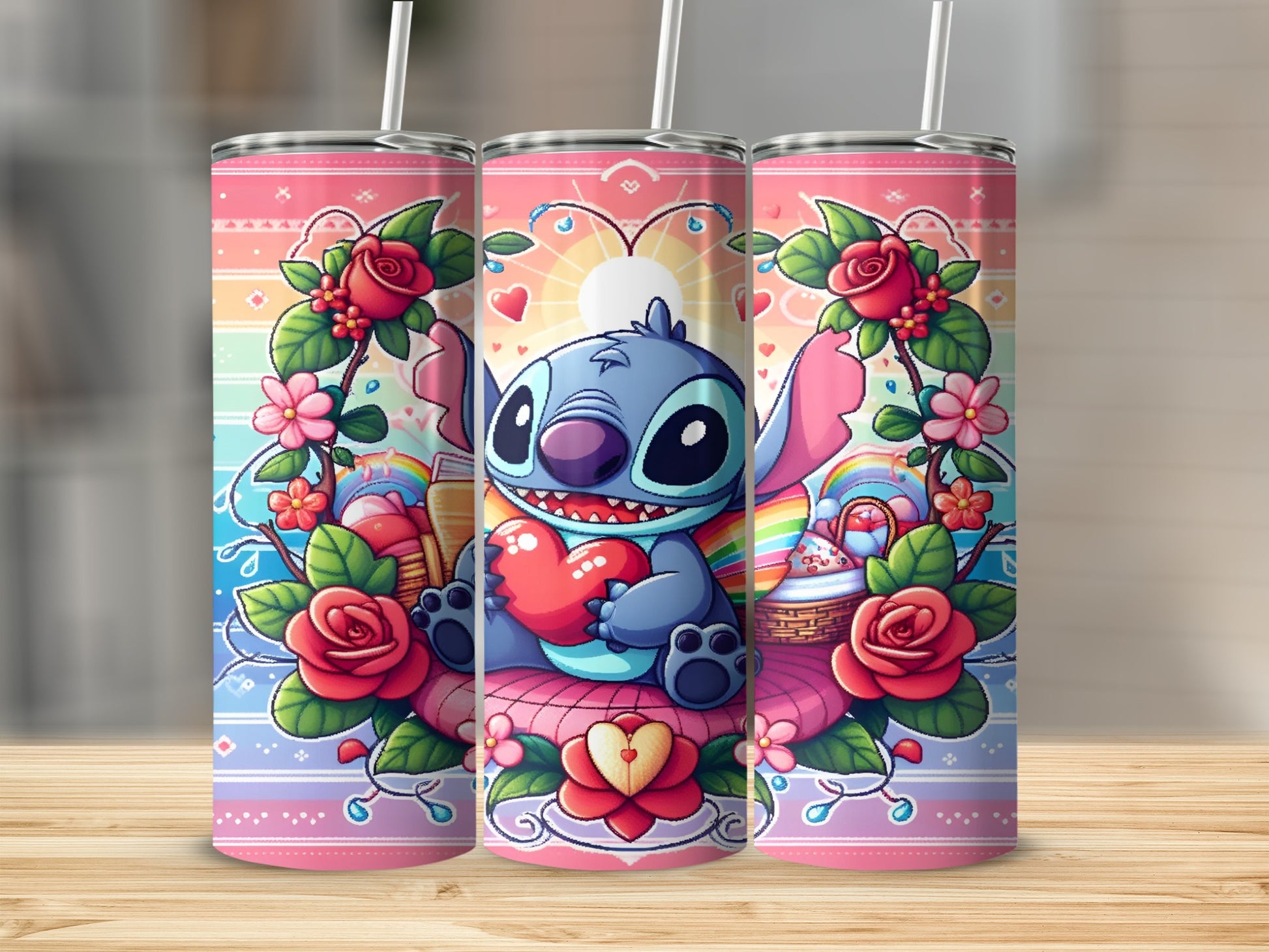 Stitch holding a red heart, surrounded by flowers and Easter eggs.