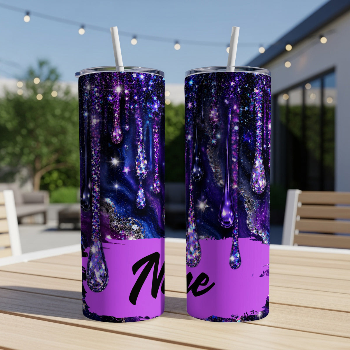 Two tumblers with purple glitter drips and galaxy design, personalized with "Nove".