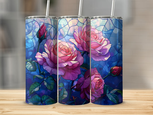 Three tumblers with a stained glass rose design.