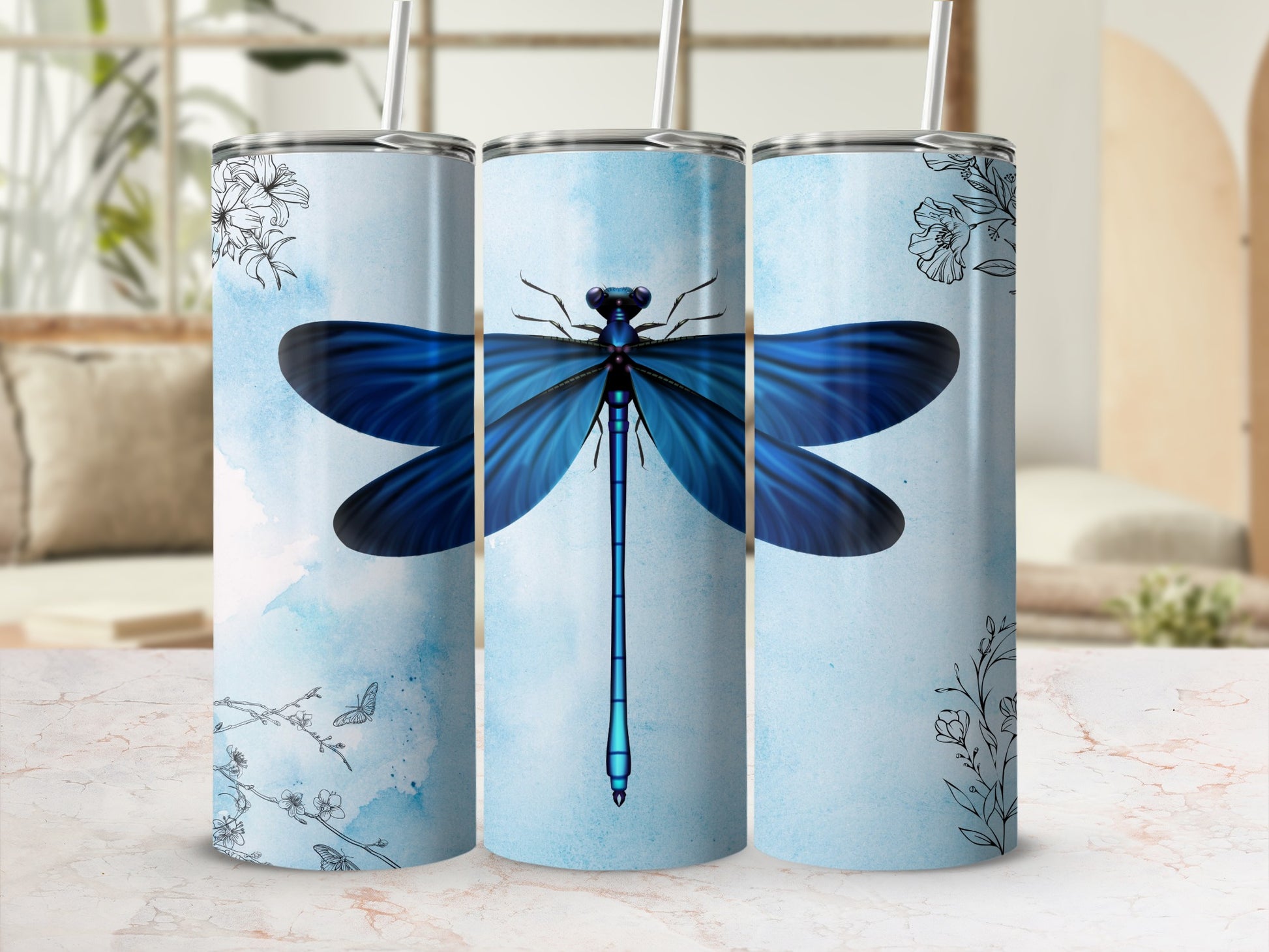 Blue Dragonfly Design Detailed Floral Art Tumbler