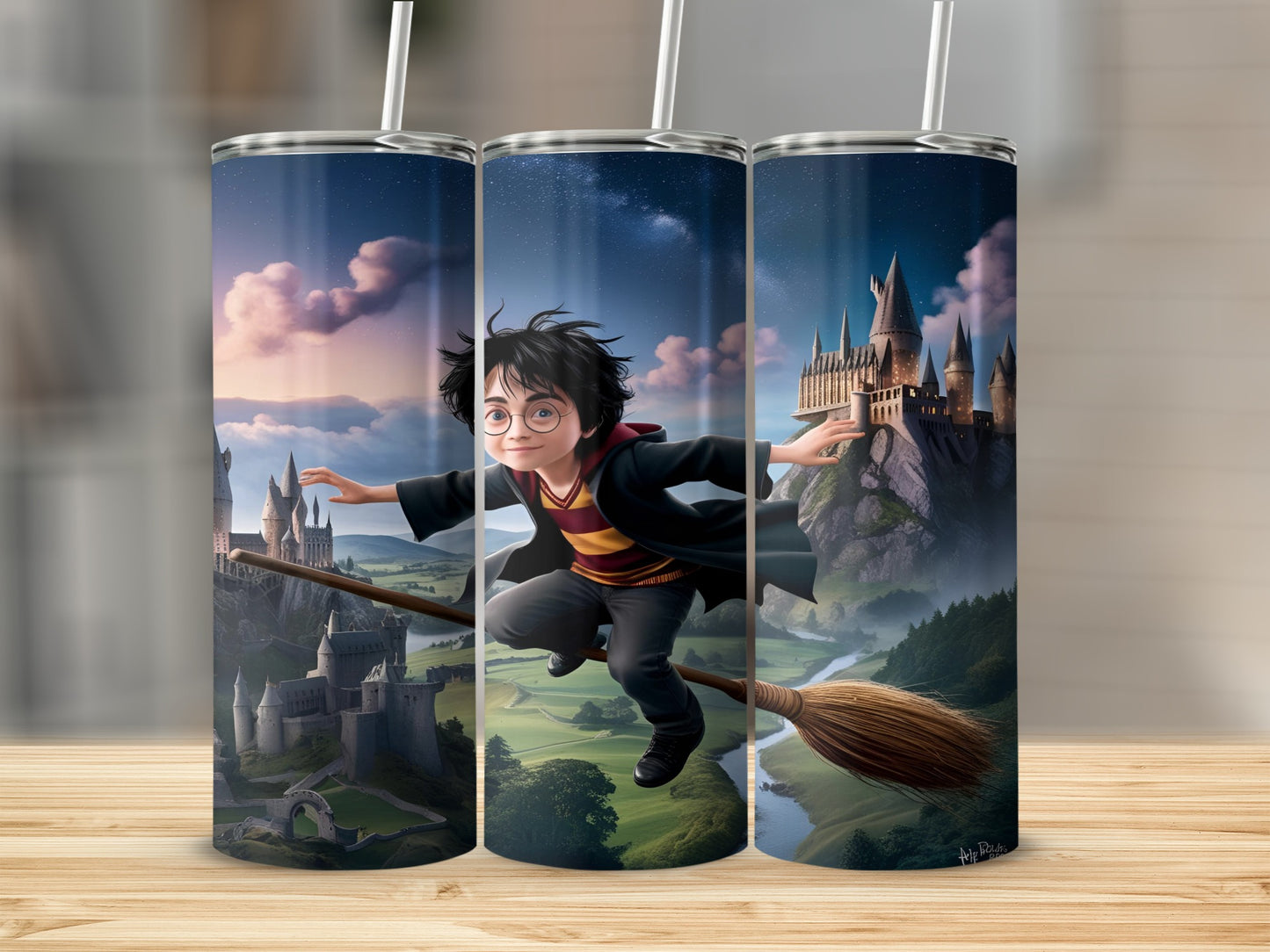 Harry Potter flying on a broomstick towards Hogwarts castle.