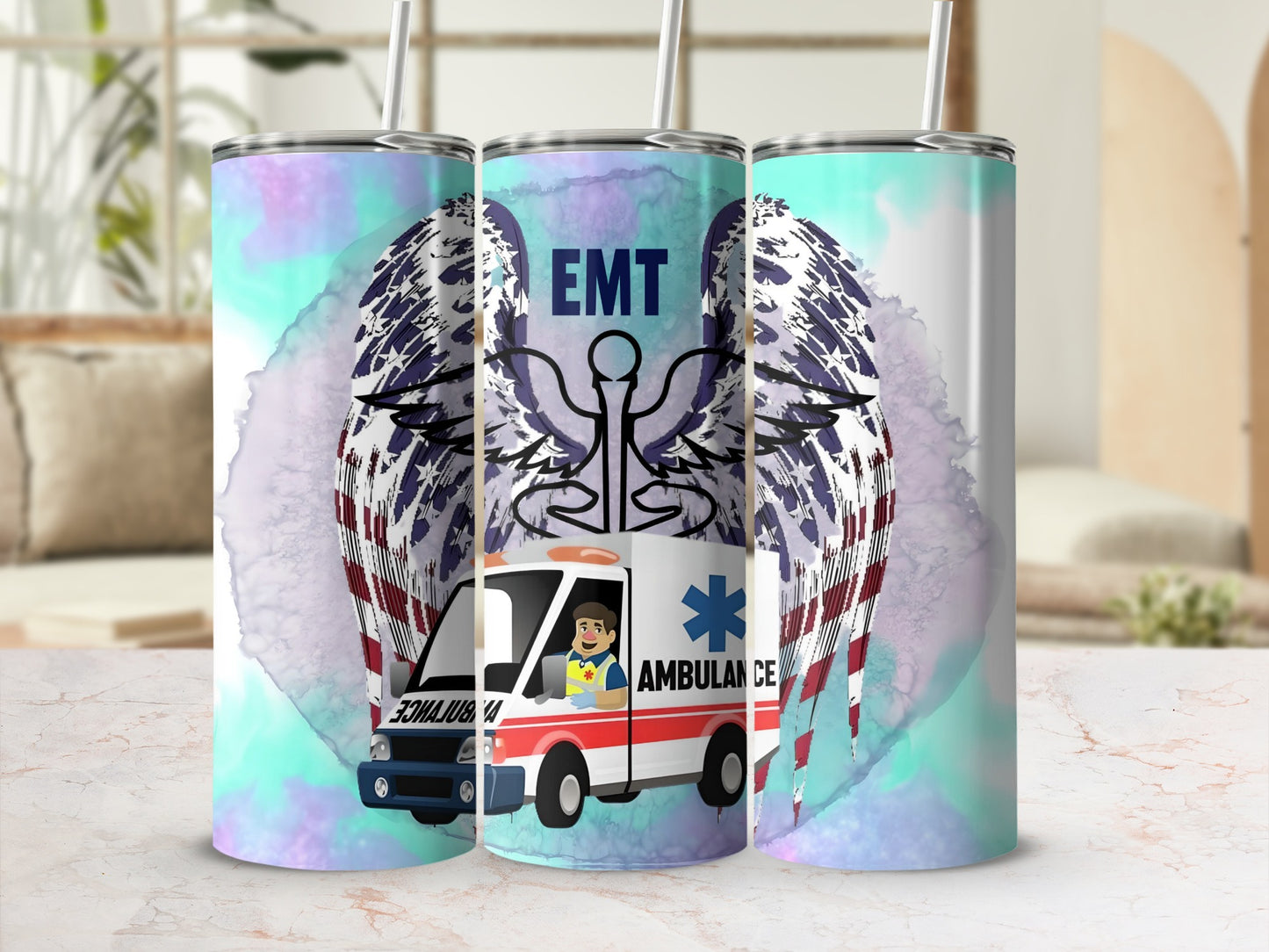 EMT Ambulance and Angel Wings Design Tumbler