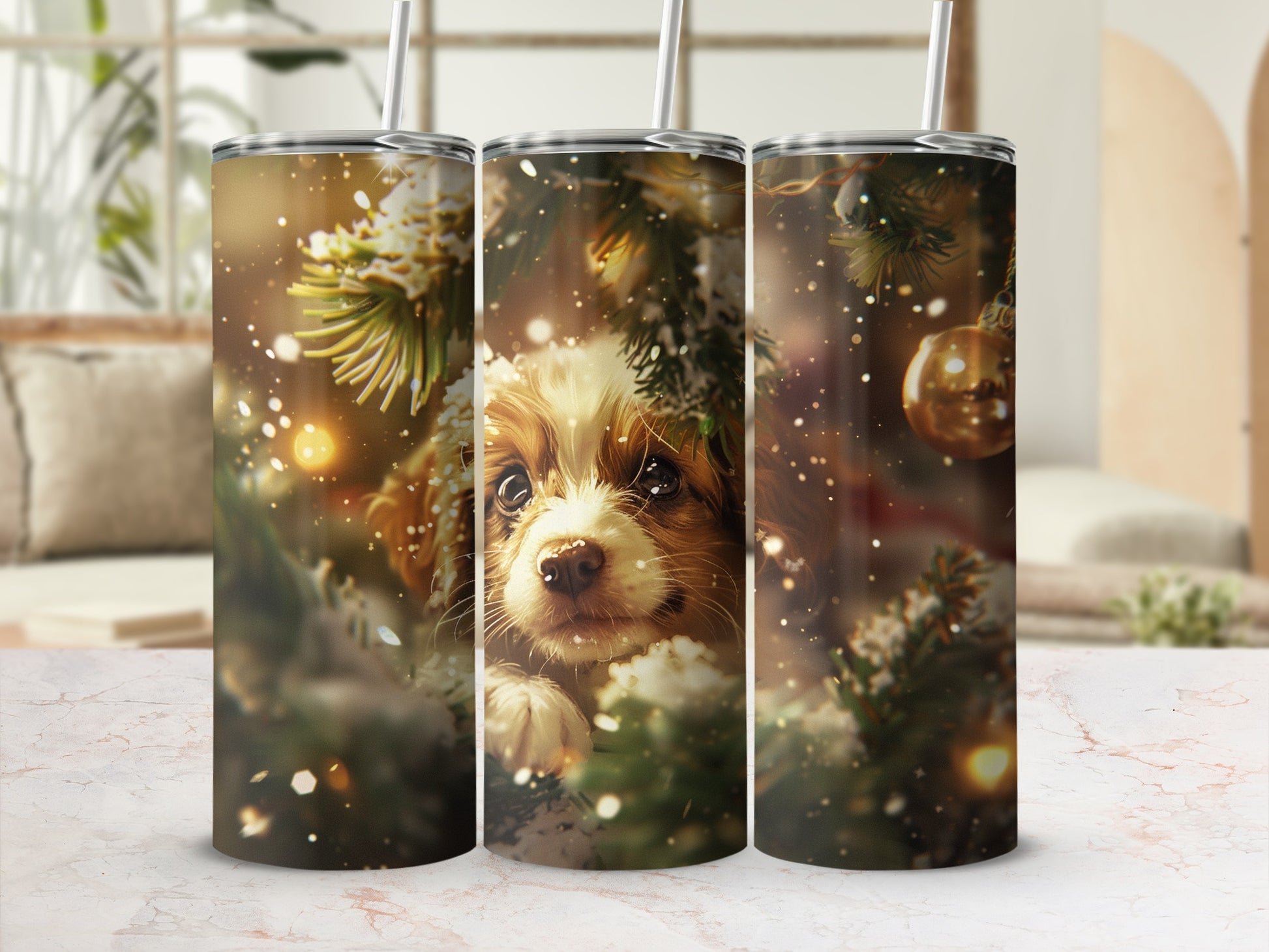 Festive Puppy Under Christmas Tree Tumbler Flask