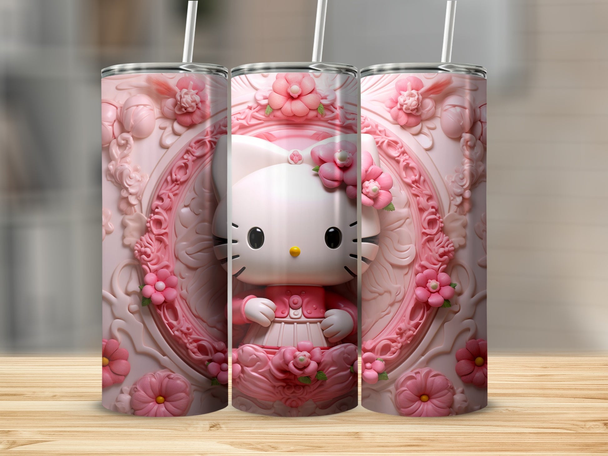 Cute Pink Hello Kitty Floral Design Tumbler