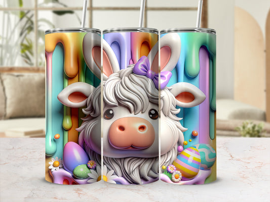Easter bunny cow with colorful dripping paint and eggs on a tumbler.