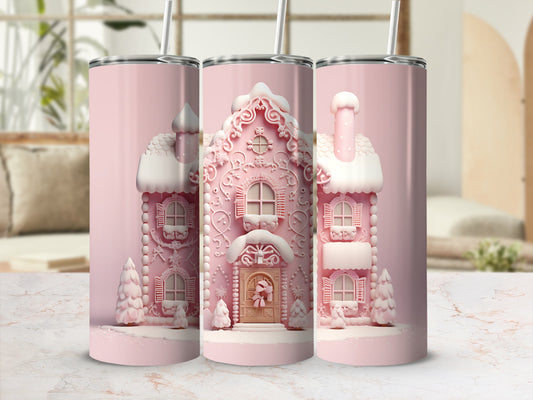Pink gingerbread house tumbler with snow and windows.