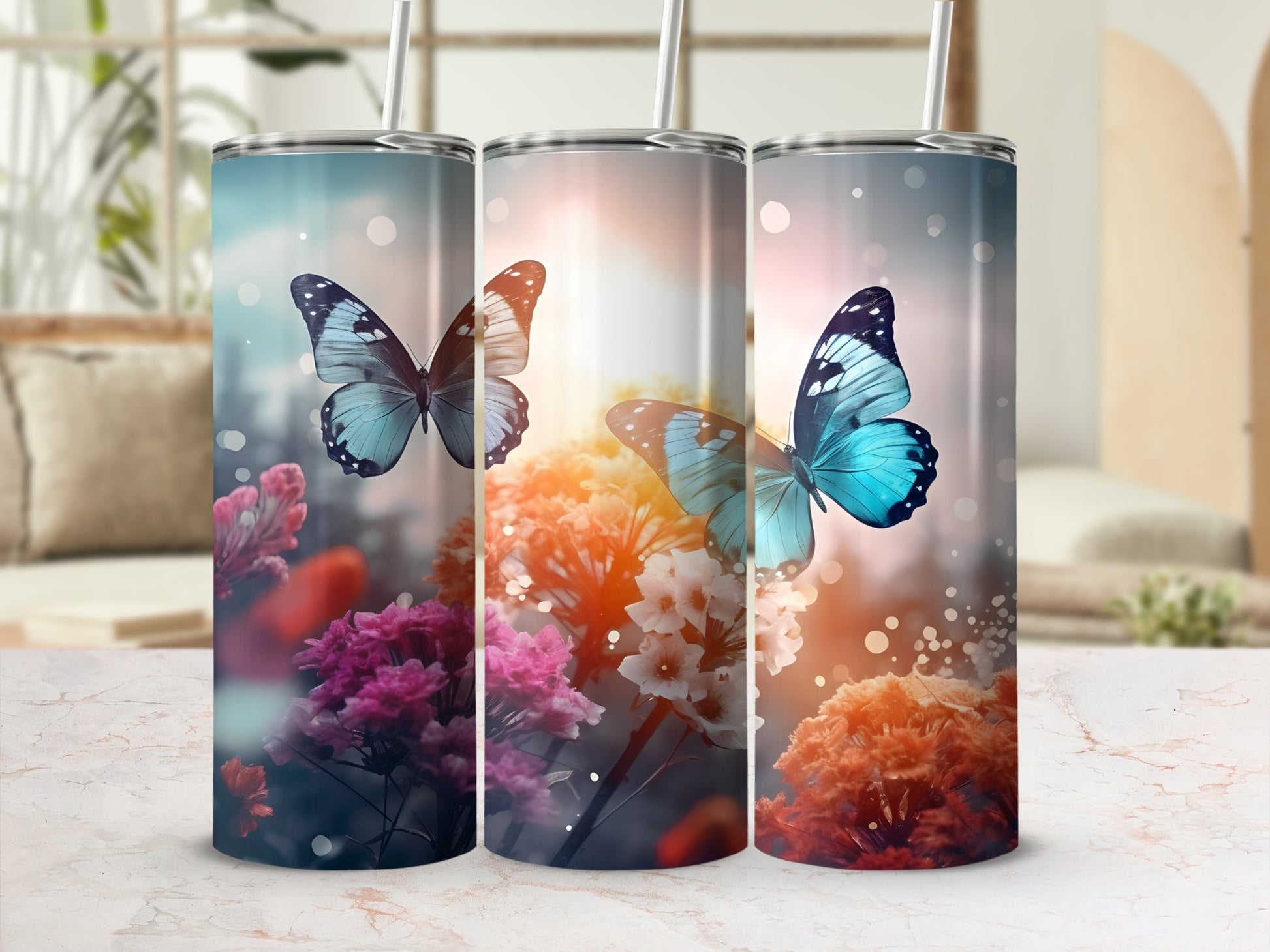 Two tumblers with butterflies and floral design.