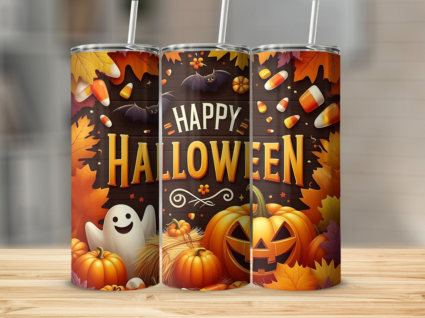 Happy Halloween tumbler with bats, ghosts, pumpkins, candy corn, and fall leaves.