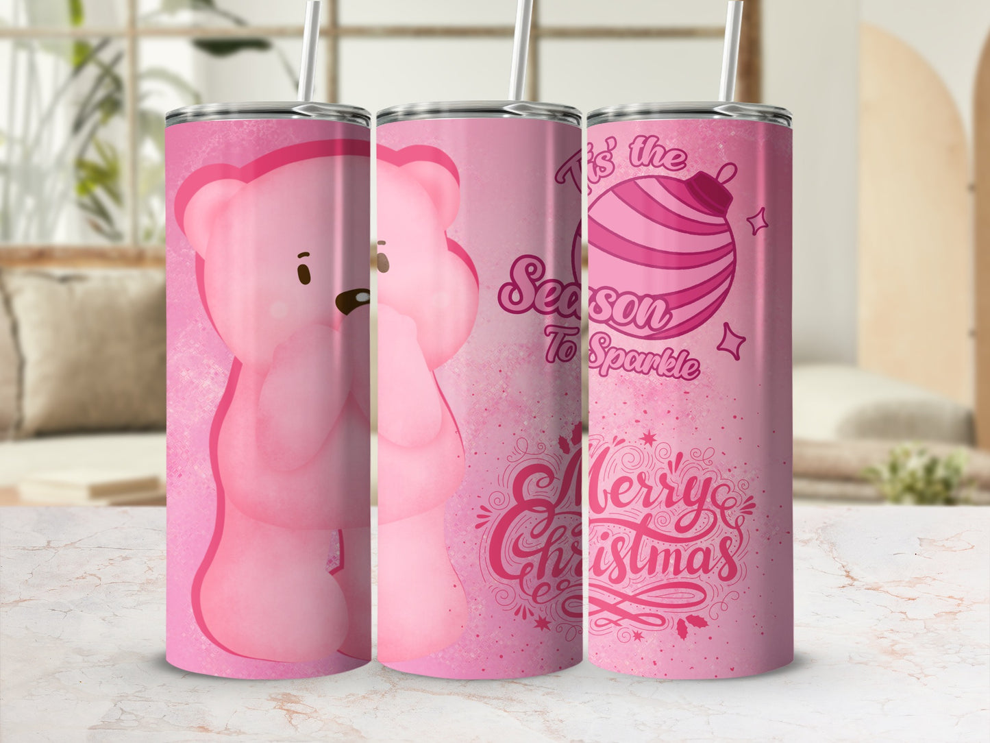 Merry Christmas Pink Bear Tumbler for Festive Cheers