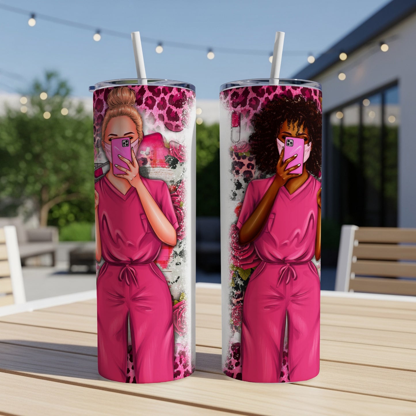 Two women in pink scrubs taking selfies with patterned backgrounds.