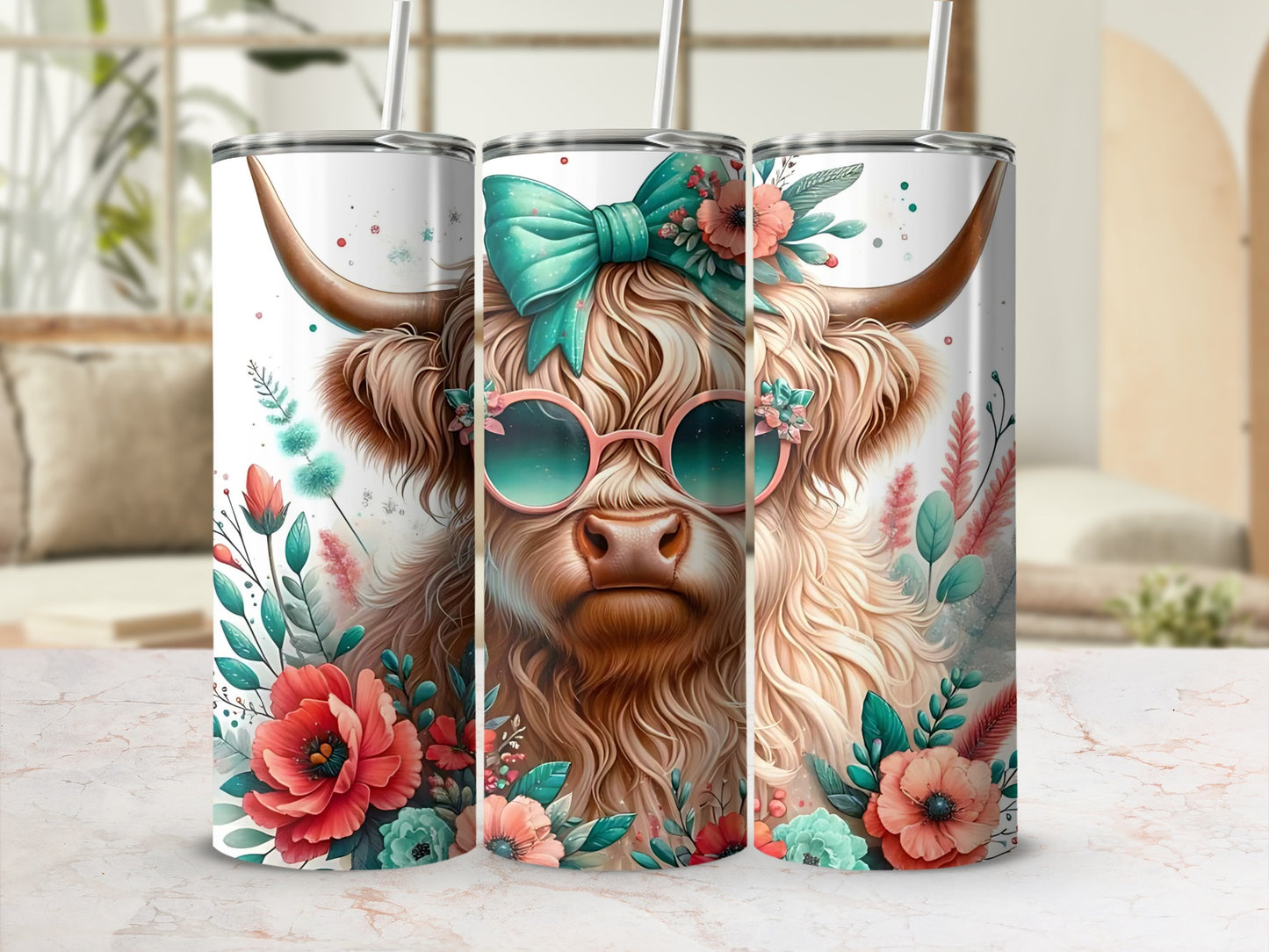 Floral Highland Cow with Sunglasses Skinny Tumbler