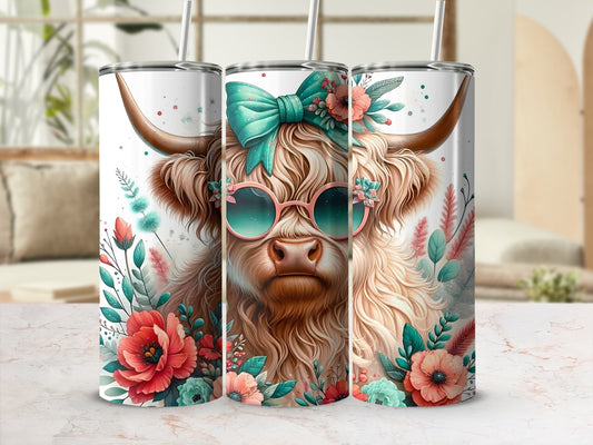 Floral Highland Cow with Sunglasses Skinny Tumbler