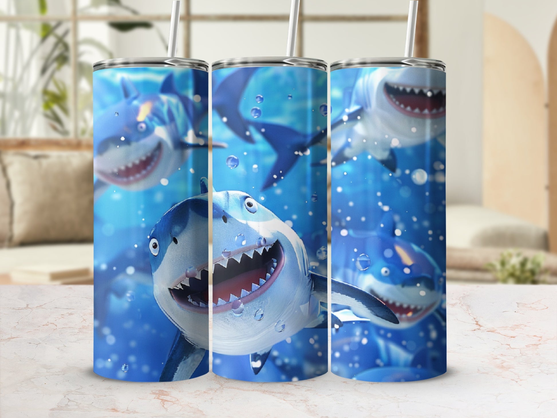 Three cartoon sharks with open mouths and straws on a blue background.