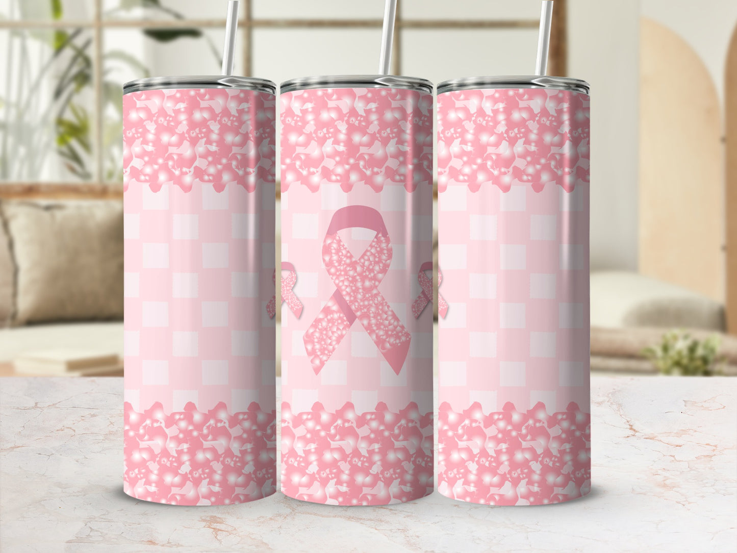 Pink plaid tumbler with breast cancer ribbons and floral pattern.