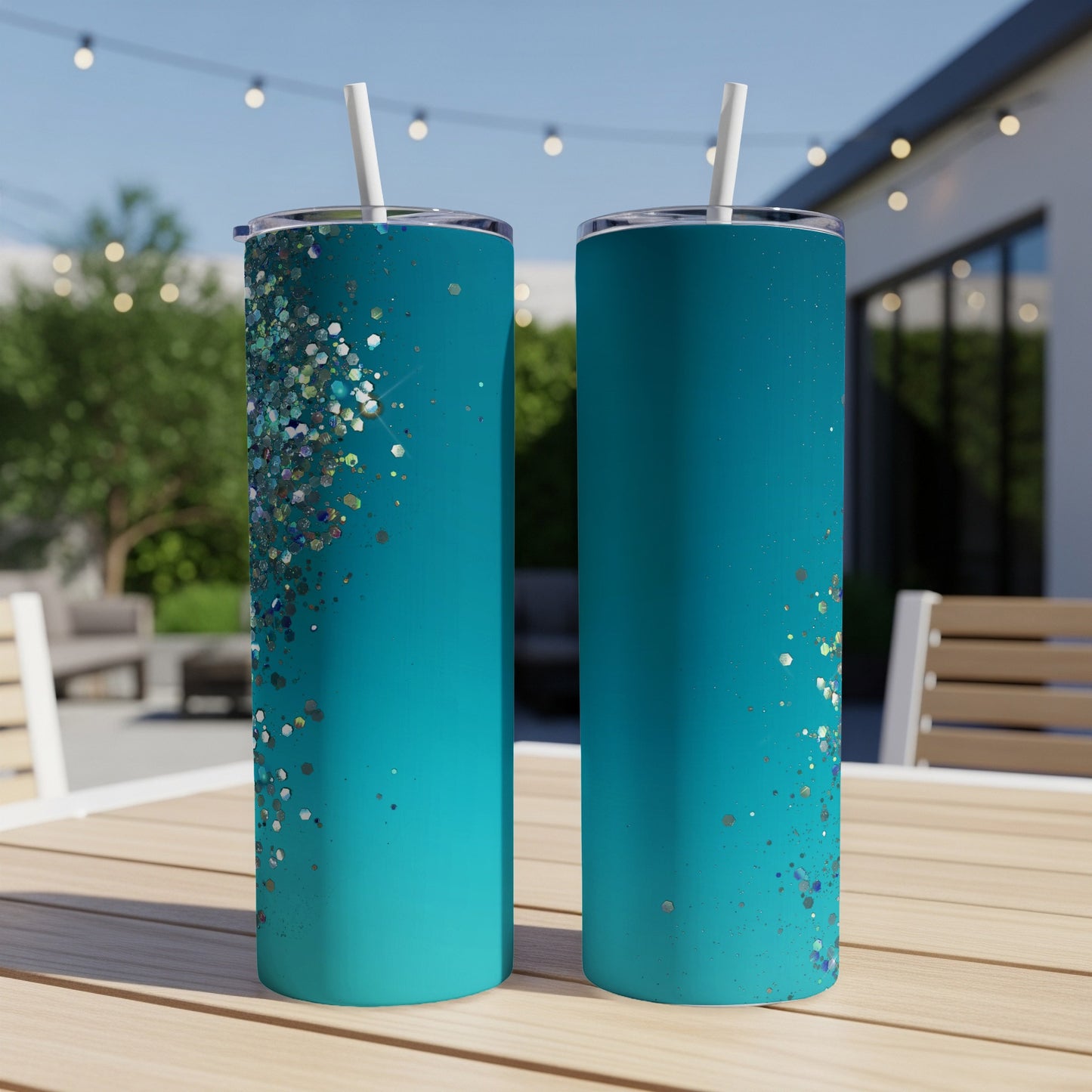 Two teal tumblers with scattered glitter designs and white straws on a wooden table.