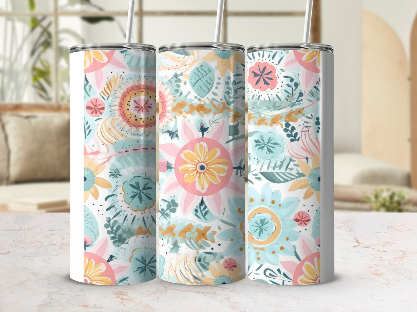 Colorful Floral Pattern Travel Tumbler Insulated Cup