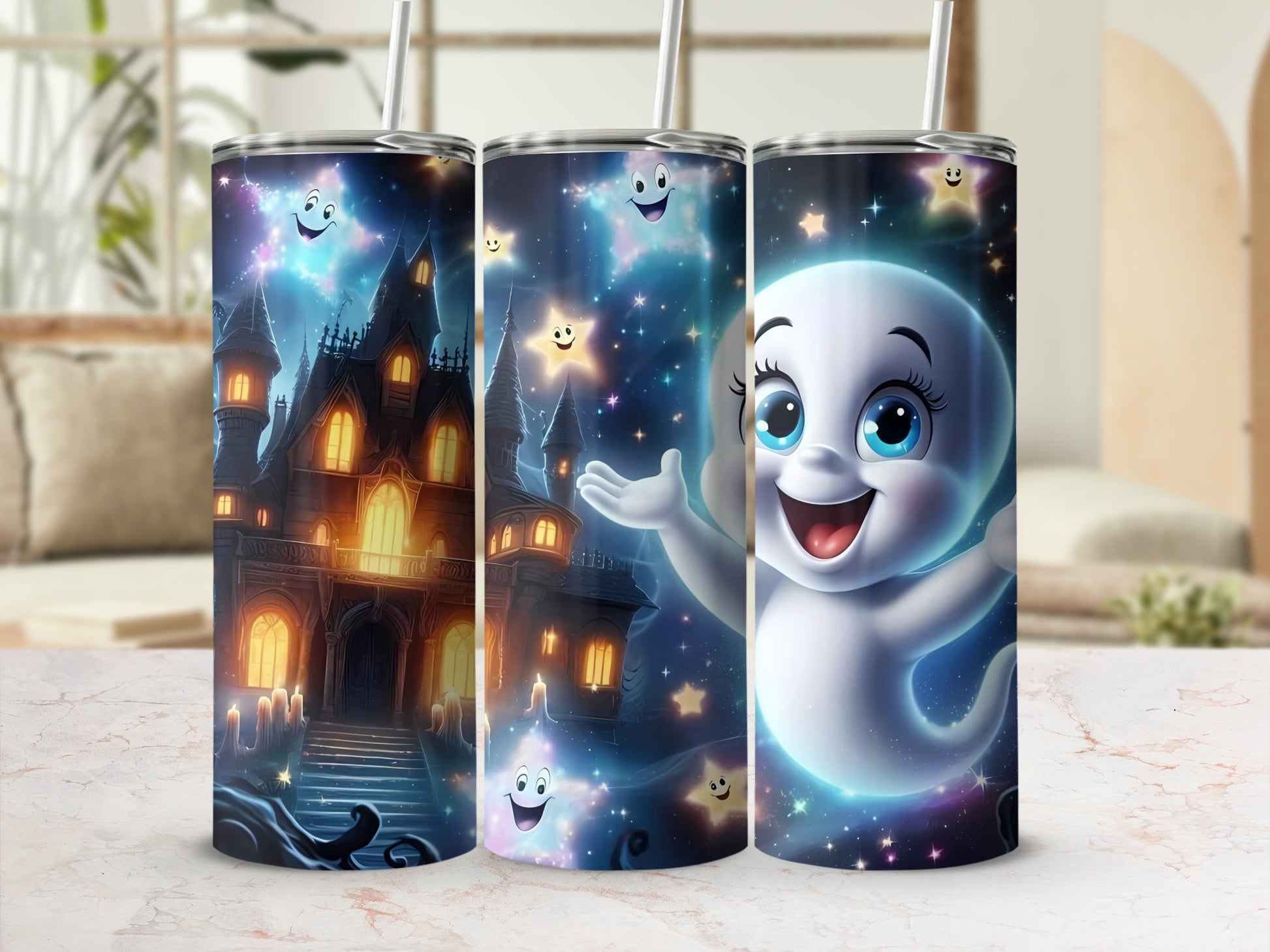 Three tumblers featuring Casper the Friendly Ghost, stars, and a haunted mansion.