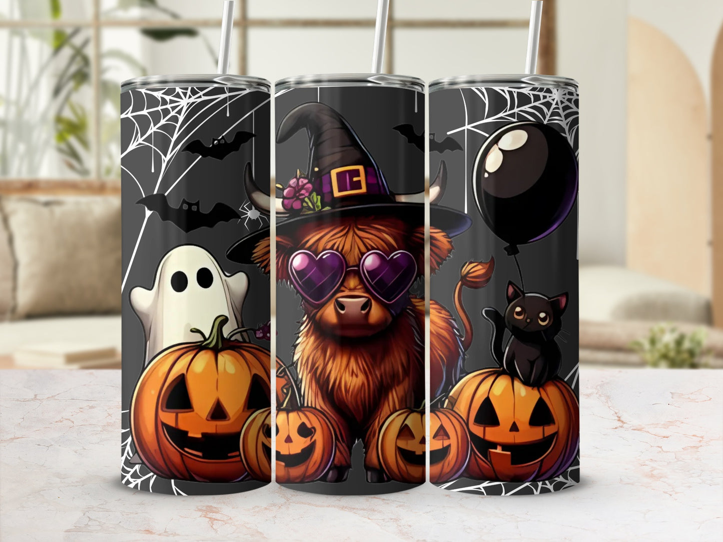 Halloween Cow with Ghost and Pumpkin Design Tumbler