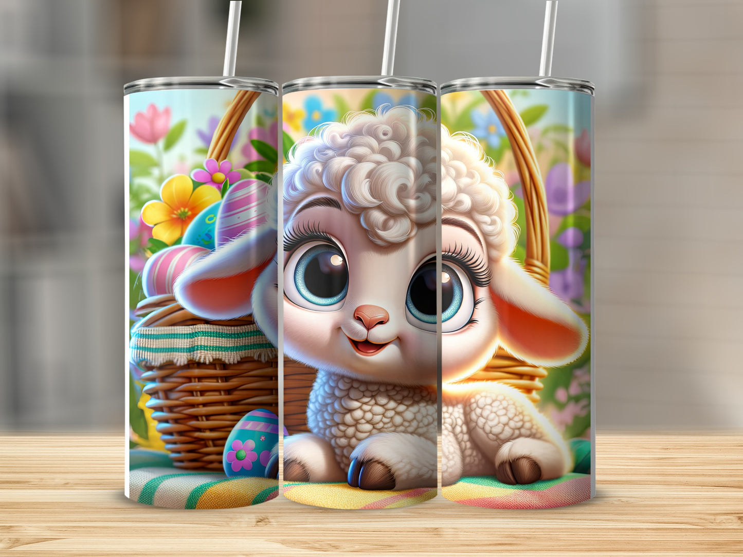 Cute cartoon sheep in a basket with Easter eggs and flowers.