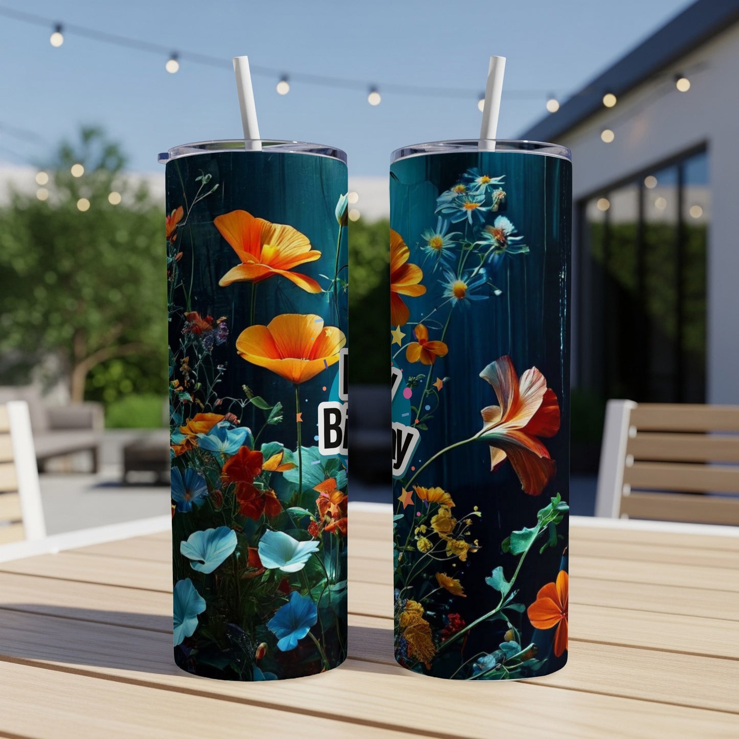 Two tall tumblers with colorful floral designs and "Happy Birthday" text.