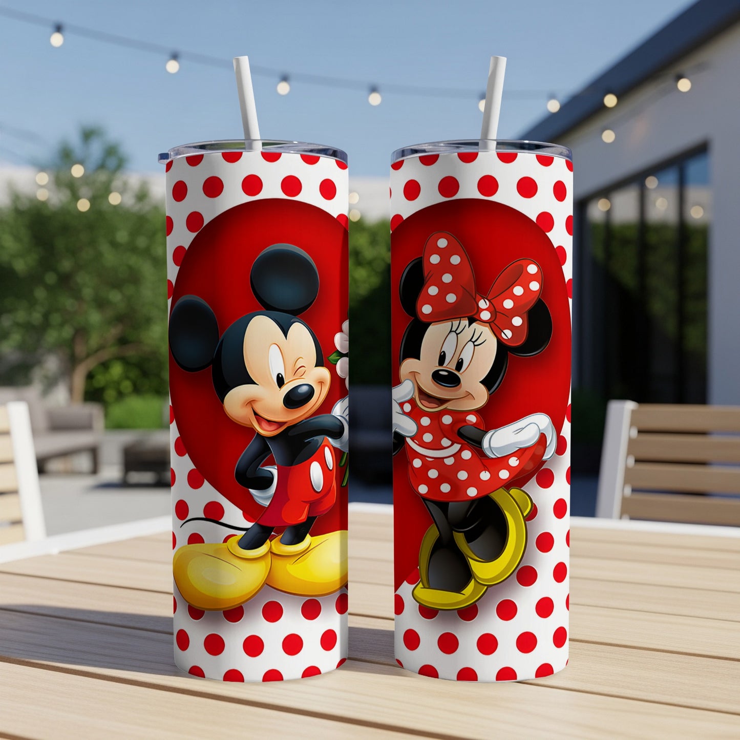 Minnie and Mickey Mouse on red polka dot tumblers.