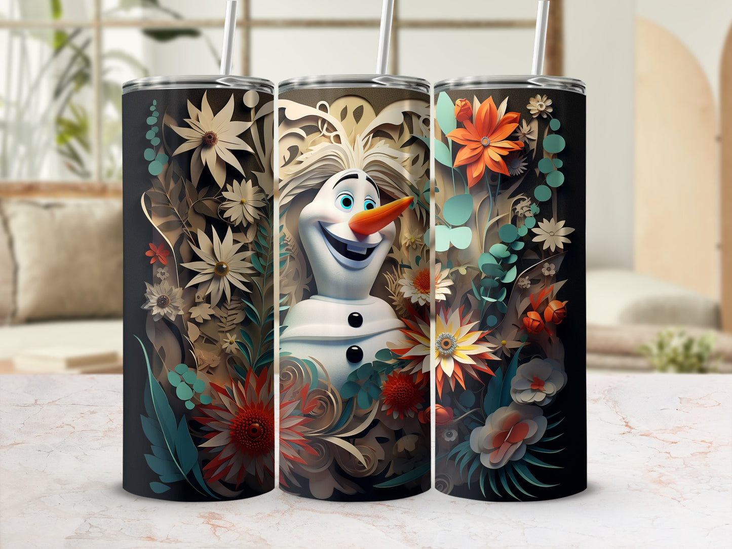 Olaf and Floral Design Tumbler for Hot and Cold Drinks